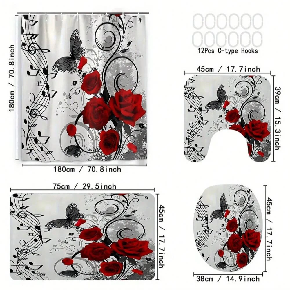 Floral Print Bath Set Shower Curtain Toilet Lid Cover U-Shape Bath Mat Bathroom Accessories Hooks 4pcs