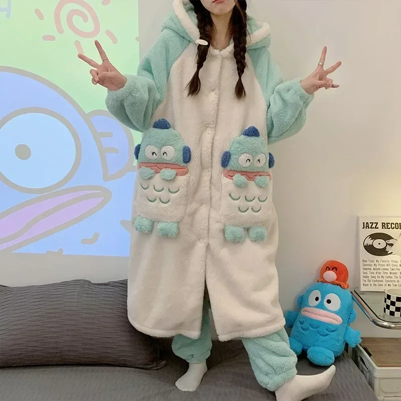 

Sanrio Hangyodon Plush Sleepwear Set Kawaii Cosplay Home Suit Winter Warm Long Sleeved Pajamas Set Anime Cartoon Set Girl Gift