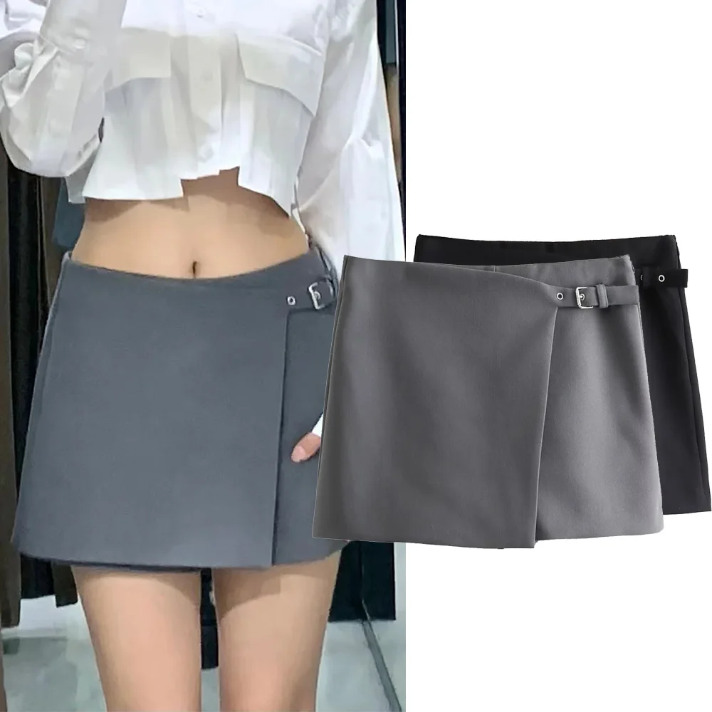 

TRAF Female High-Waist Asymmetric Shorts Woman's Side Strap Buckle Short Culottes Back Single Pocket Side Hid Zipper Mini Short