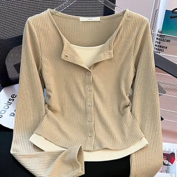 Unique Design Fake Two Pieces Long Sleeve Slim Fit T-Shirt Women's Early Autumn Wrinkle Top New Base Shirt Top Korean Knitwear 1