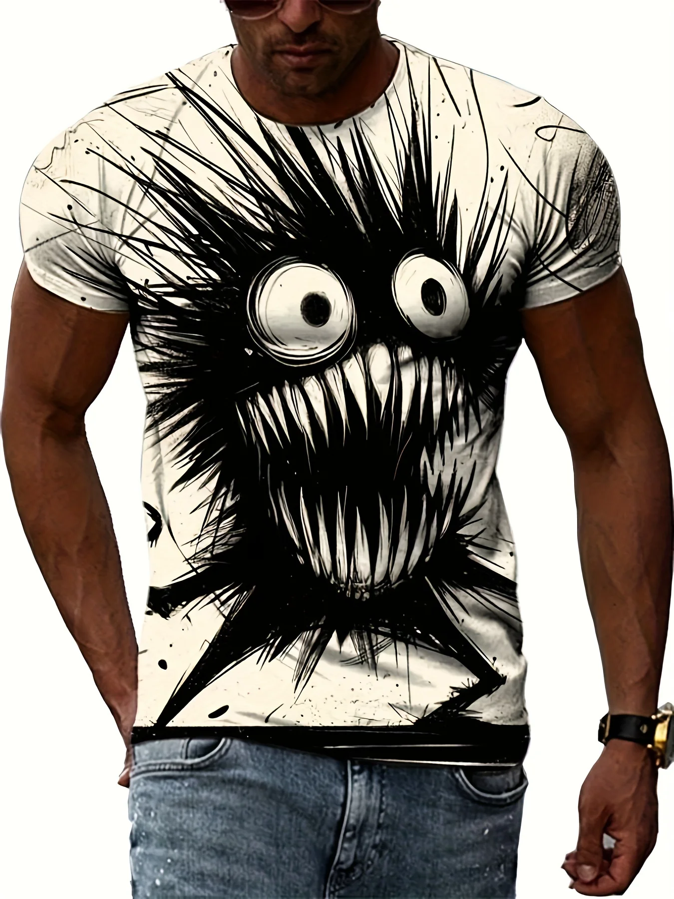 thumbnail image 1 of Camiseta de manga corta con cuello redondo y estampado gráfico de monstruo para hombre, ropa para hombre para verano, tejido de mezcla de poliéster suave y ligeramente elástico, 1 of 5
