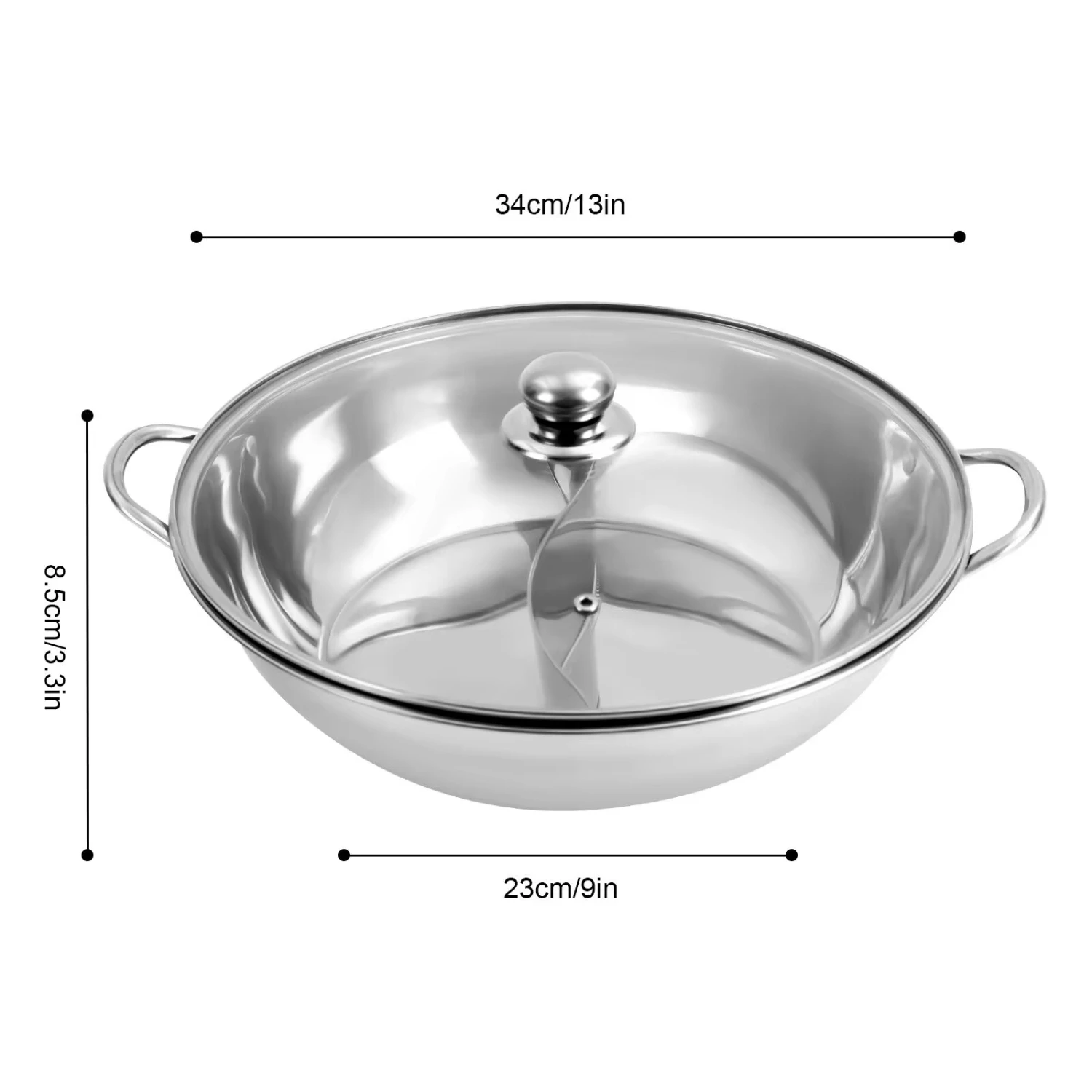 34cm Hot Pot W/ Divider Shabu Shabu Pot & Glass Lid Stainless Steel Hot
