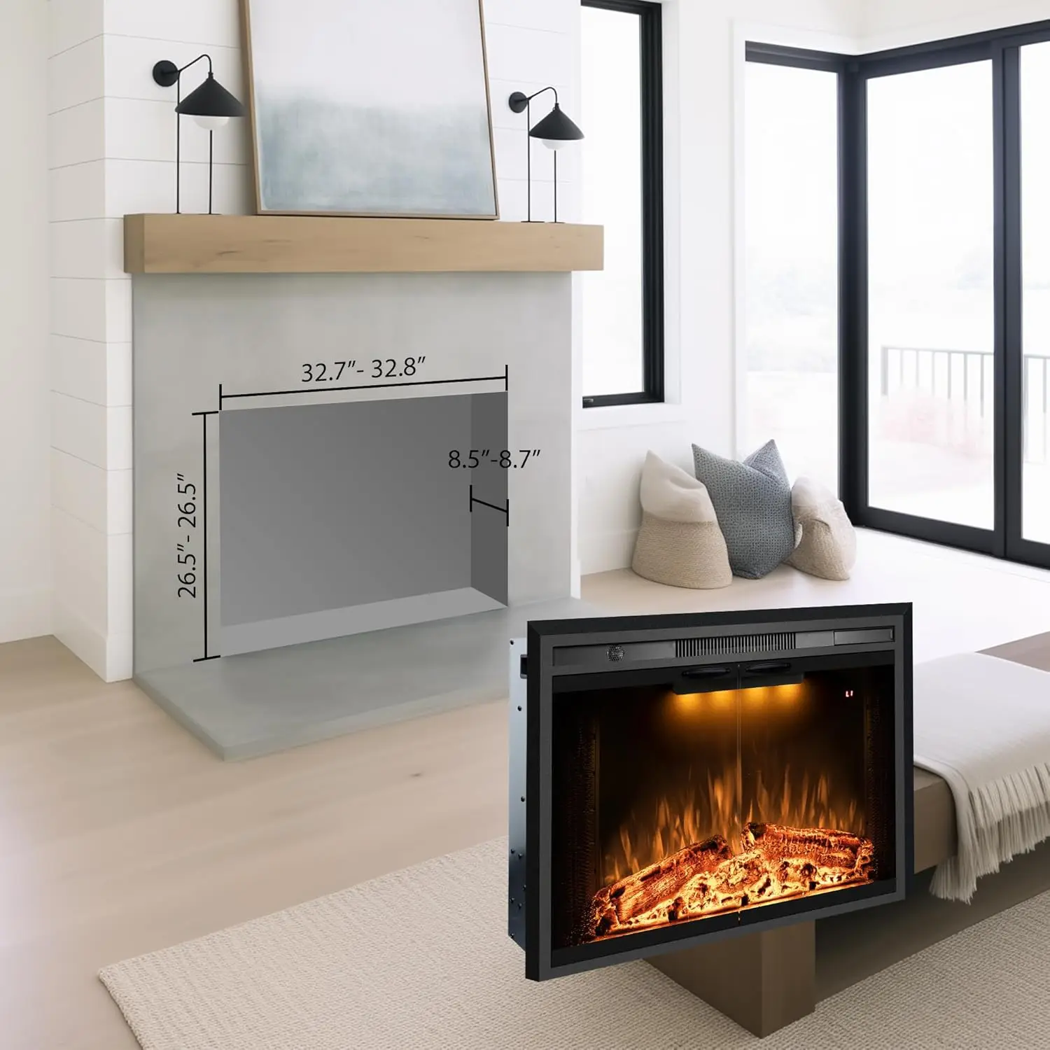 36&rdquo; Electric Fireplace Inserts with Glass Door and Mesh Screen Multicolor Flames & Fire Crackling Sounds Timer