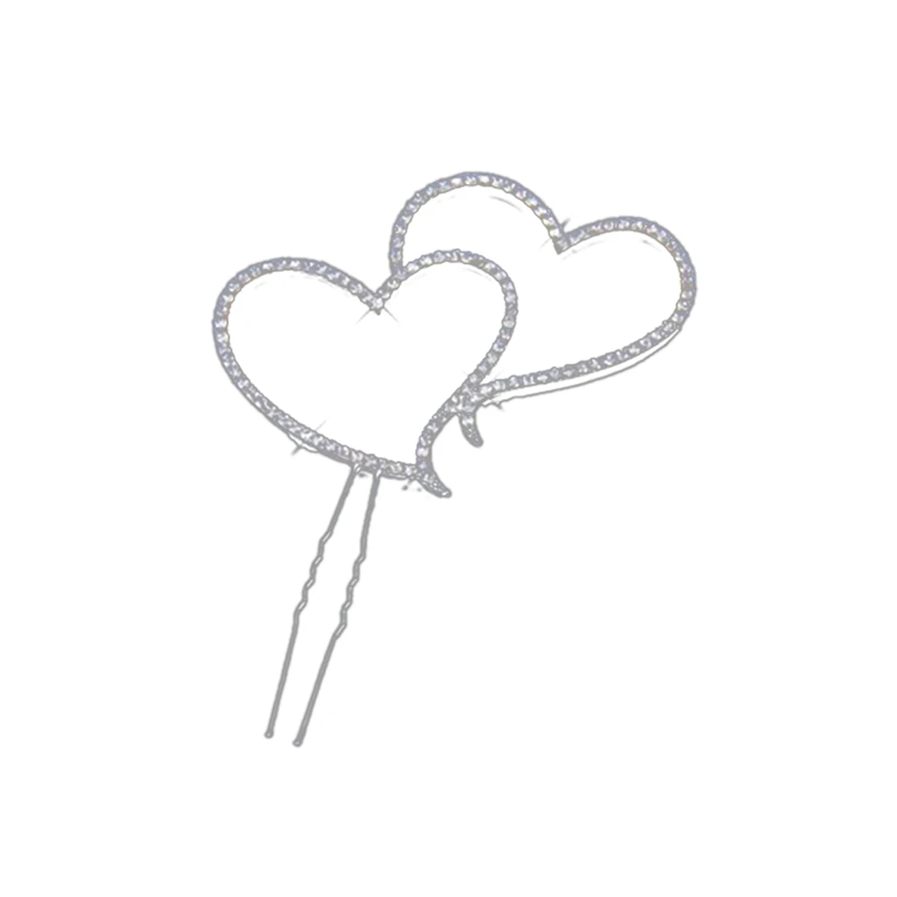 Cake Topper Crystal Rhinestone Silver Double Heart Wedding New Year Decor