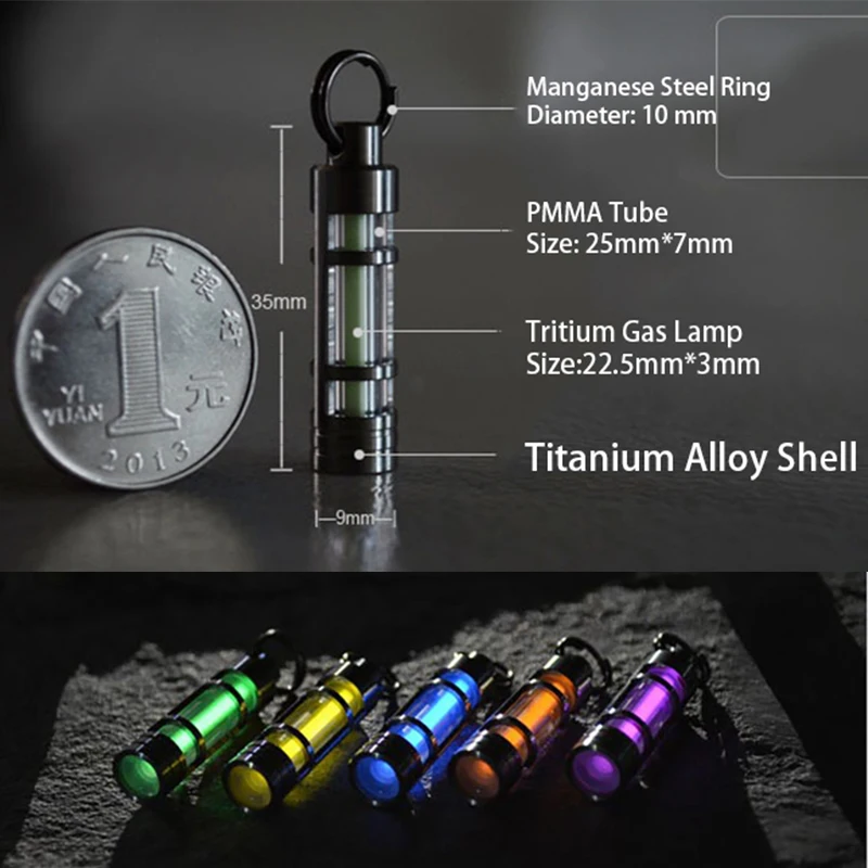 Titanium Keychain Tritium Gas Lamp Automatic Lights Titanium Key Ring Life Saving Emergency Lights For Outdoor Survival Tool