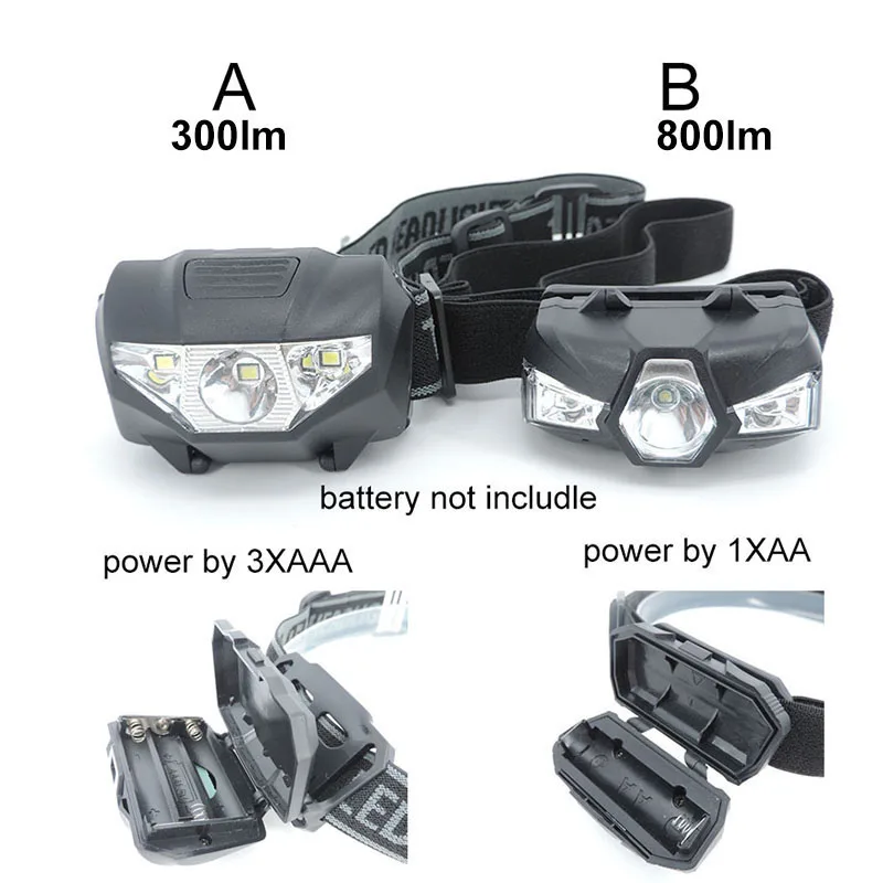 Petite lampe frontale 3 LED avec piles AA AAA et lumière rouge pour pêche, randonnée et camping léger