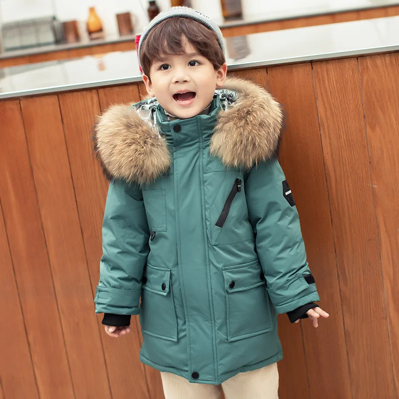 

2023 Winter Down Jacket For Boys Real Raccoon Fur Thick Warm Baby Boys Outerwear Coat 2-12 Years Kids Teenage Boys Parka