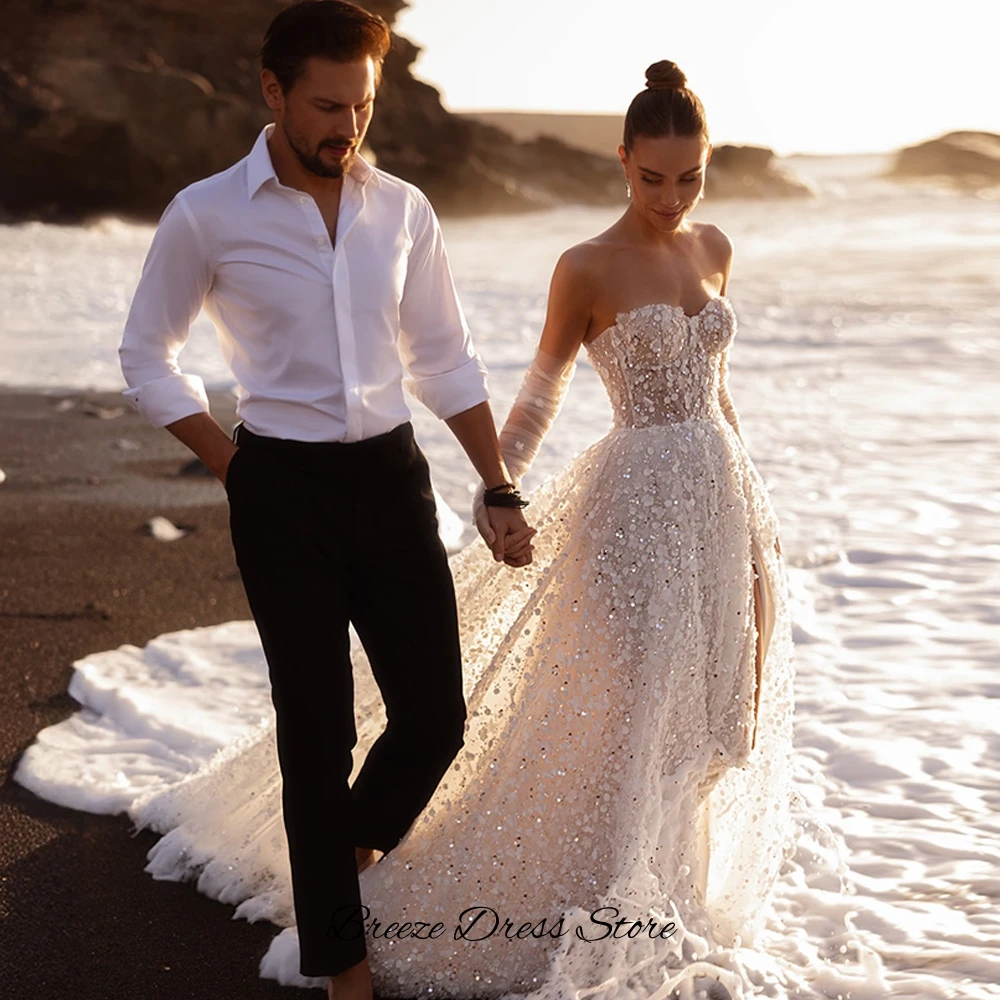 Dreamy Customized Tulle Vestido De Novia with Sequined Sexy Side Slit Strapless Wedding Dress Elegant A-Line Robe de mariée