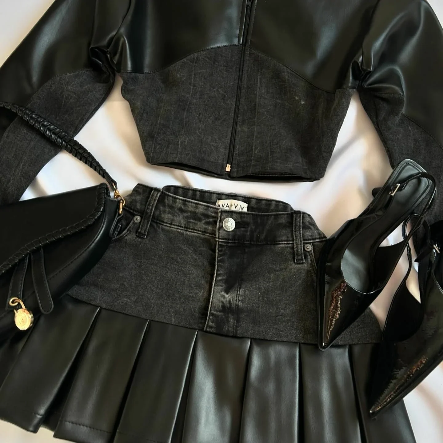 Two Piece Sets Womens Outifits Y2K Pu Leather Spliced Denim Black Skirt Sets New Harajuku Gothic Sexy Zipper Jacket Mini Skirt 4