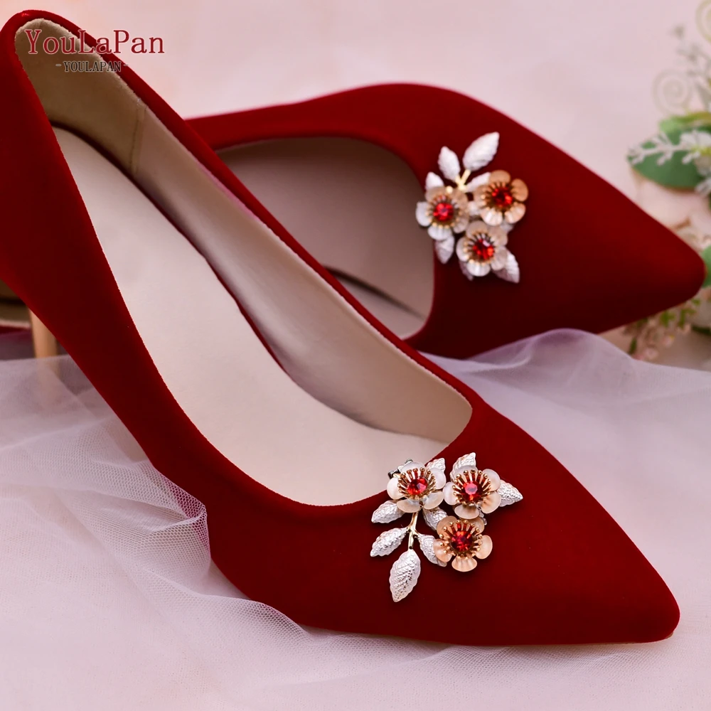 2 Pcs Shoe Clip Red Rhinestone Floral Clips Wedding Bride High Heel Decoration