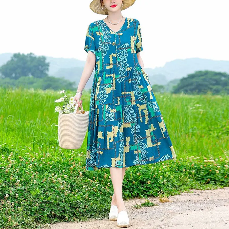 Prairie Chic Casual V-Neck Dresses Vintage Printed Spliced Summer