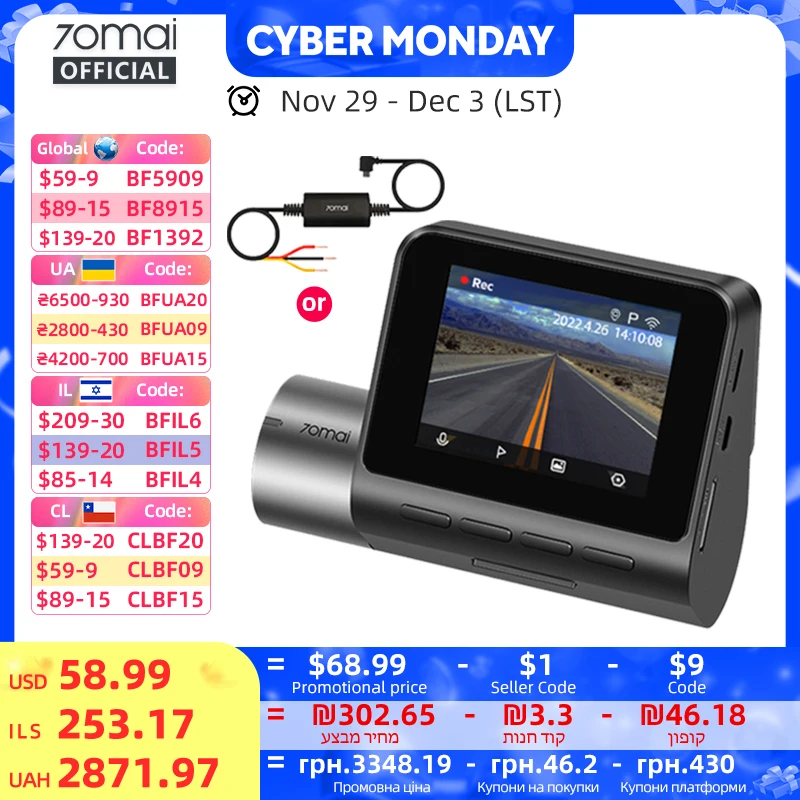 Rejestrator 70mai A500S Rejestrator samochodowy Kamera przednia A500S 1944P Noktowizor 70mai Kamera samochodowa Pro Plus Wbudowany GPS Wifi Obsługa tylnej kamery - AliExpress 34