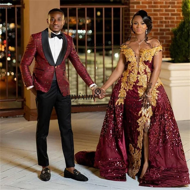 Burgundy Split Side Mermaid Prom Dresses With Gold Lace Appliques Sequins  Shiny Overskirt Evening Dress African Party Dress - AliExpress
