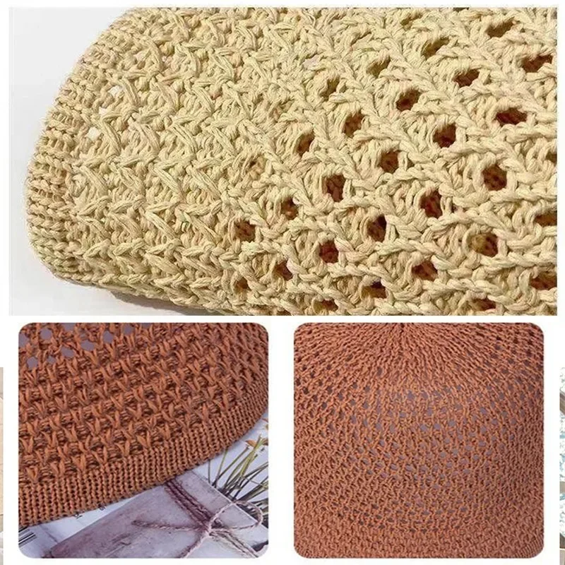 Women Bucket Hat Designer Wide Brim Summer Straw Woven Sun Visor Hats Hollow Striped BeachHat