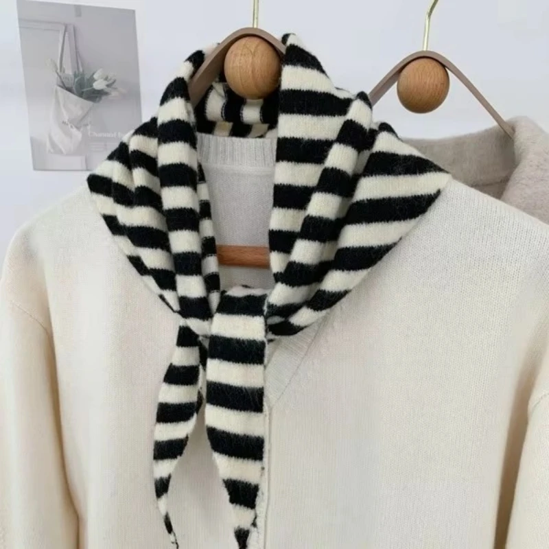 2024 Colorful Stripes with Wool Triangular Binder Decorative Knitted Small Scarf Soft Multi-Functional Small Scarf Collar 3