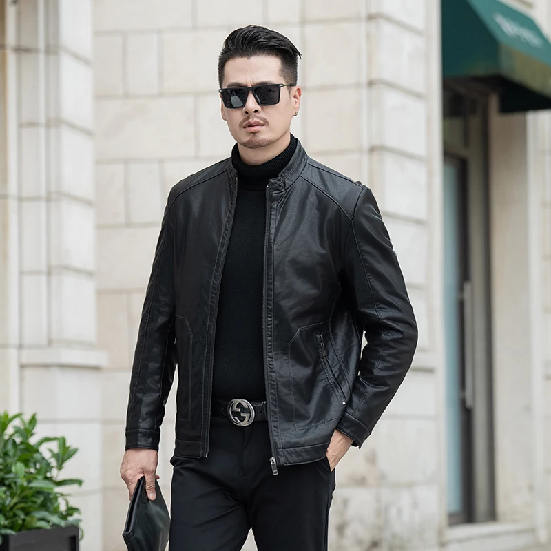 

Oversized Autumn/Winter New Product Men's 2023 Cardigan Stand Neck Multi Pocket Solid Men's Plus Fat Men's Plush Leather Coat