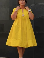 Women Plus Size Loose Dress Short Sleeve Round Neck Pleated A-line Solid Casual Vintage High Street Fashion Summer Dresses - Image 2