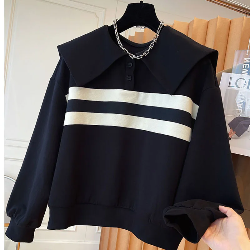 New Autumn/Winter Fashion Korean Edition Doll Polo with Thickened Design and Contrast Color Loose Large Sleeve Women's Sweater