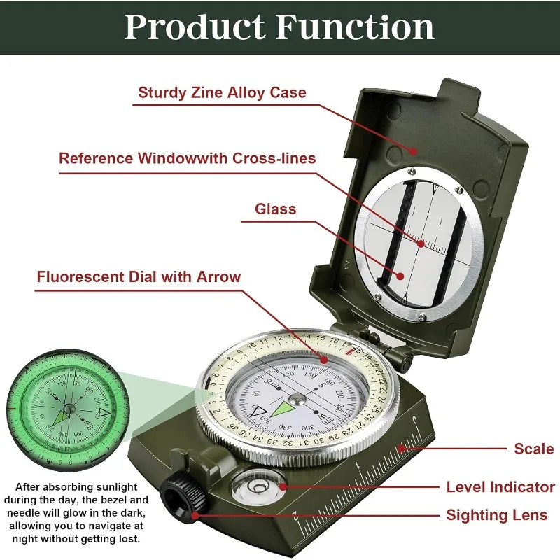 Tactical Survival Military Compass Waterproof Durable Pocket-sized Transmission Aiming for Hiking