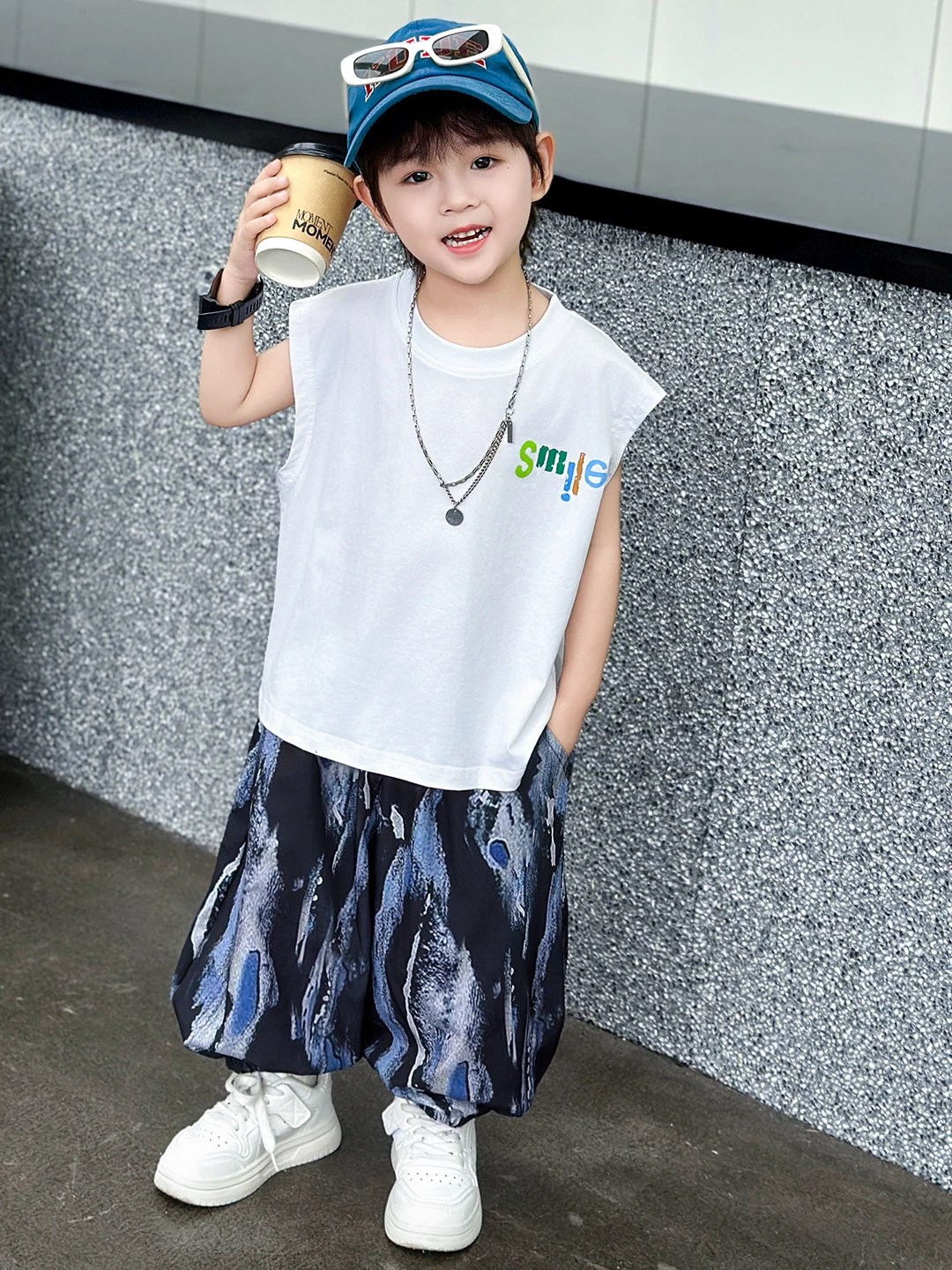 2026년 여름 남아용 보라색 및 흰색 조끼 세트 얇은 모기 방지 민소매 투피스 수트 캐주얼 스포츠웨어 (십대용)