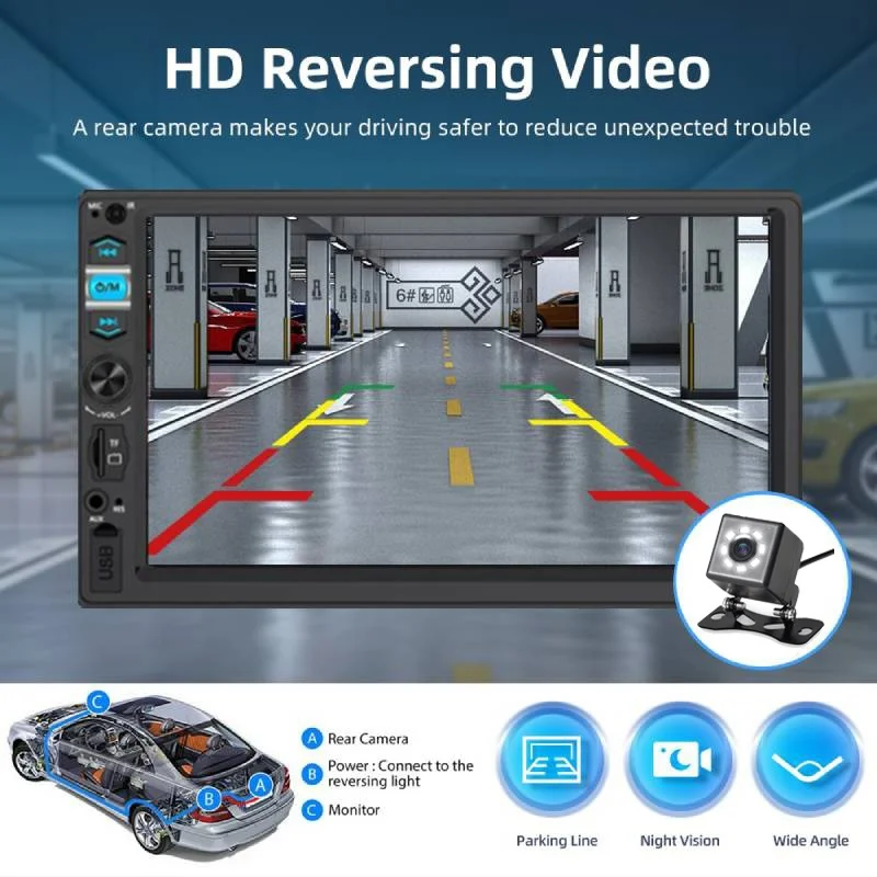 7인치 HD 카 스테레오 라디오 뉴스타일 2딘 MP5 멀티미디어 플레이어 (8LED 후방 카메라, FM/USB/AUX, SD 기능 포함)