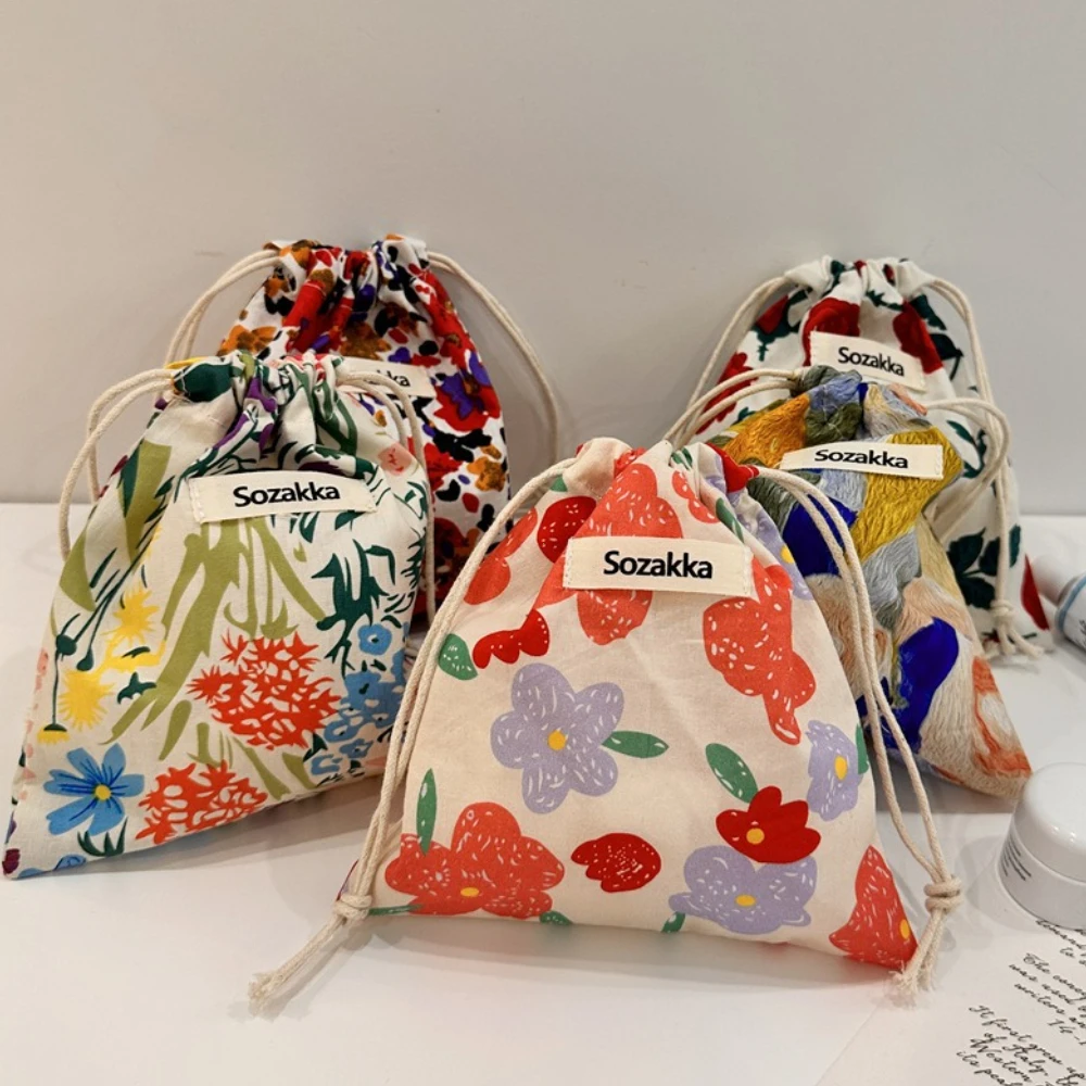 Cotton Fabric Floral Small Drawstring Bags Lipstick Toiletry Makeup Organizer Coin Pocket Bags Purse Keys Earphone Storage Bag