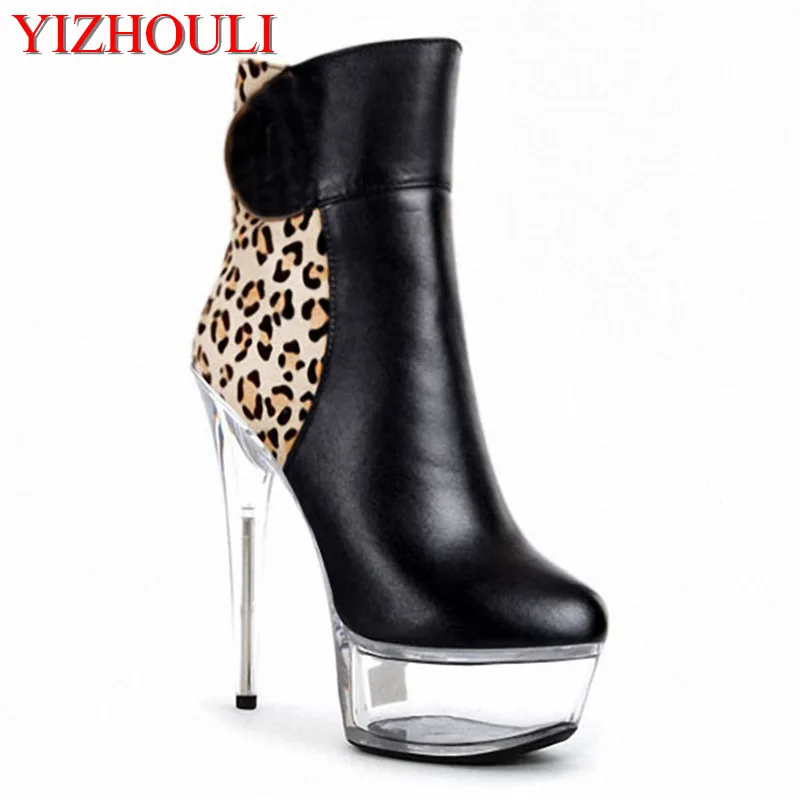 Sexy leopard print low - cut short boots 15cm high and waterproof platform, Nightclubs are sexy women dance shoes
