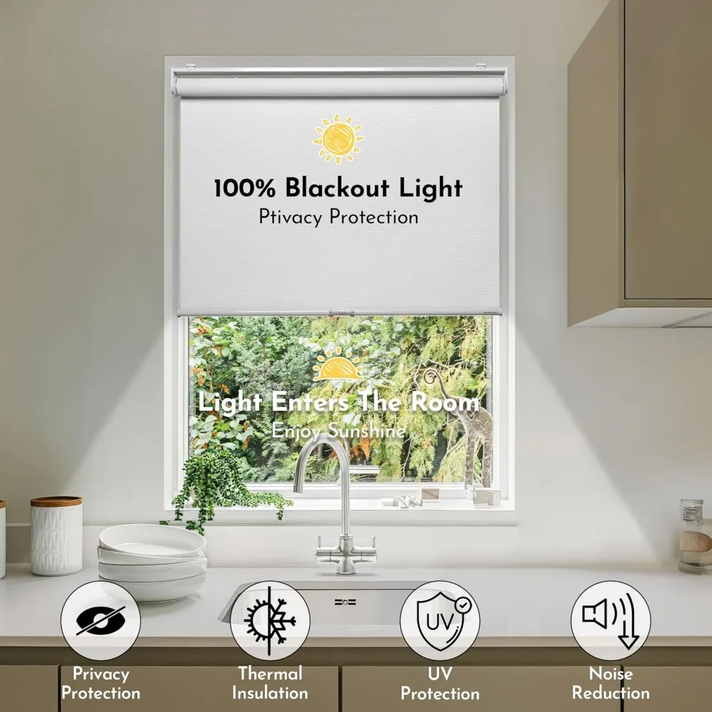 Upgraded 100% Blackout Roller Shade, Window Blind with Thermal Insulated, UV Protection Fabric. Easy to Install