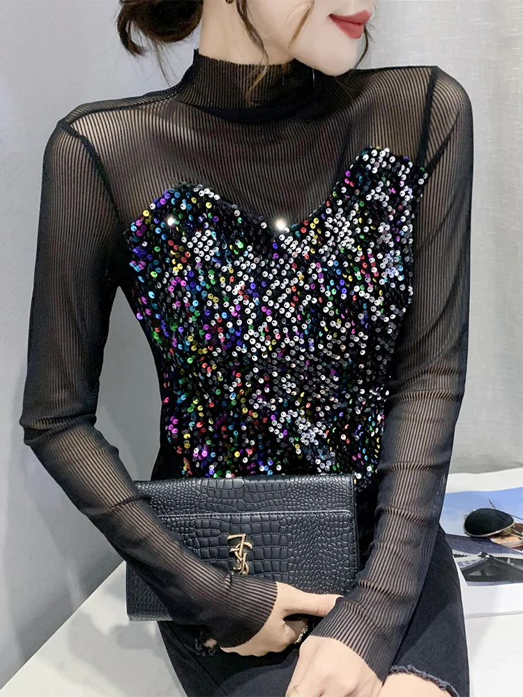 Sexy Long Sve T-irt Women's Me Patchwork Base irt Trendy Commute Korean Sle Creative Pattern Splice Bright Sequins