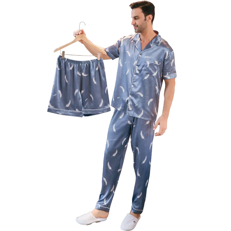 3-piece Pajamas Men's Ice Silk Thin Short Sleeved Shorts Long Pants Feather Print Summer Cardigan Sleepwear Home Clothing Set