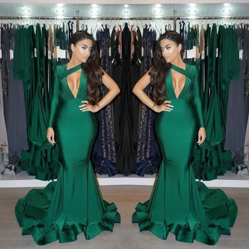 

2022 Robe De Soiree Longue One Shoulder Long Sleeves Evening Dress Sexy Dark Green Formal Prom Party Gown Custom Made Dresses