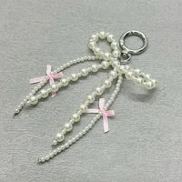 Porte-clés à nœud papillon perlé Y2k, ruban esthétique, pompon, pour femmes et filles, sac à main, clé de voiture, décoration de coque de téléphone 2