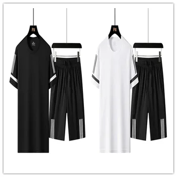 Short Sleeved T-shirt Men New Summer Slim Trendy Brand Ice Silk T-shirt Set of Casual Sports Suit Tracksuit Sweatpants Clothings 5