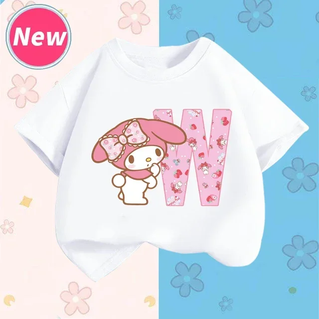 thumbnail image 1 of Camiseta de manga corta para niños con letras de la A a la Z de My Melody Anime, camiseta de algodón de verano para niños de Sanrio, regalo de cumpleaños kawaii suave con forma de corazón para niñas, 1 of 5