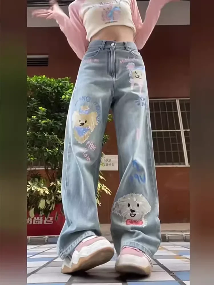 Girls Bow Jeans – High Waist Wide Leg Baggy Denim Pants, Y2K Preppy Streetwear – Cotton Blend, Straight Leg, With Pockets