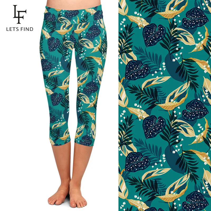 LETSFIND New Women Leaf Printed Green Leggings High Waist Fashion Elastic  Mid-Calf 3/4 Casual Leggings for Summer