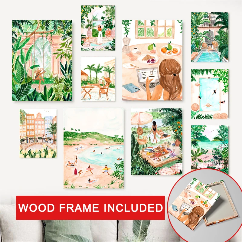 

Framed Beach Pool Moroccan Tropical Jungle Swing Meadow Wall Art Canvas Painting Posters Wall Pictures for Living Room Decor