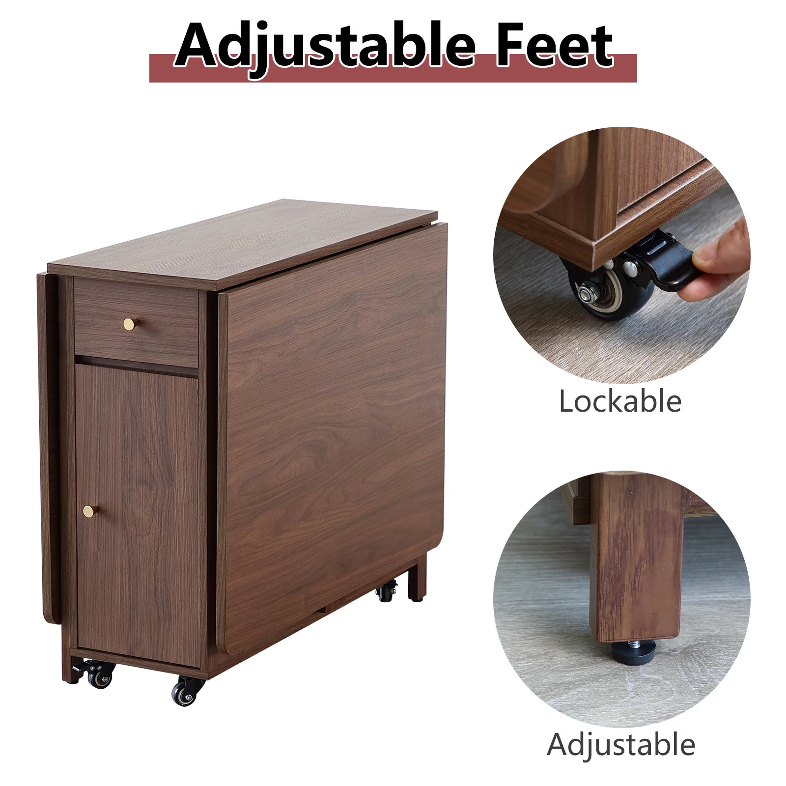 Extendable Drop Leaf Folding Dining Table with 2 Drawers and 4 Wheels for Living Room Kitchen Farmhouse Space Saving Table folding table