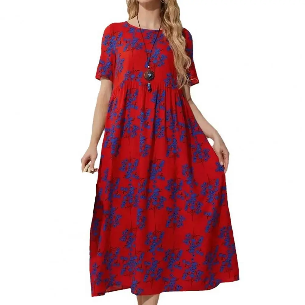 

Retro Printed Dress Summer Midi Dress Flower Print A-line Summer Dress with Crew Neck High Waist for Women Retro Pullover Midi