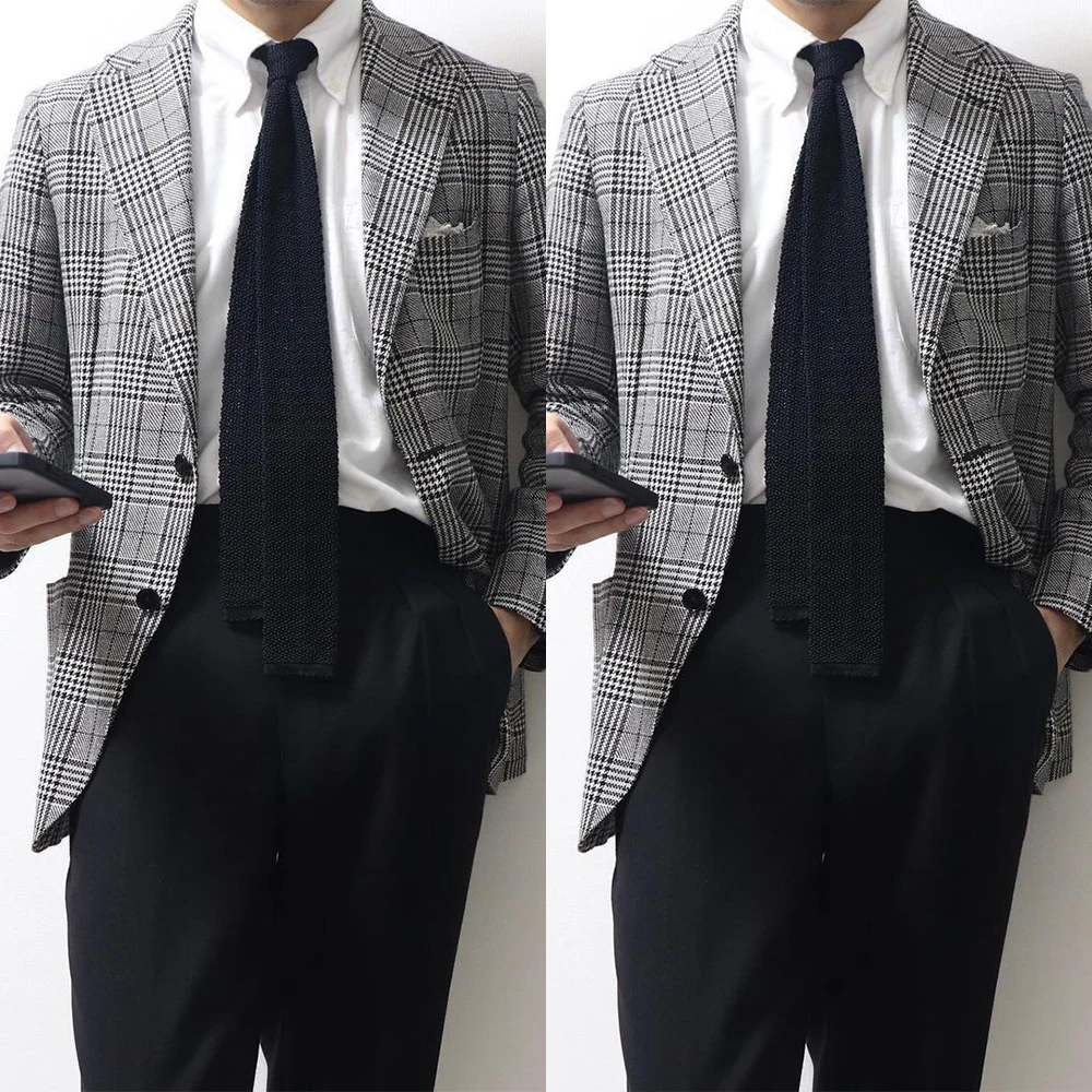 Men Suit Tailor-Made 2 Pieces Plaid Blazer Black Pants Single Breasted Wedding Groom Business Work Wear Causal Prom Tailored