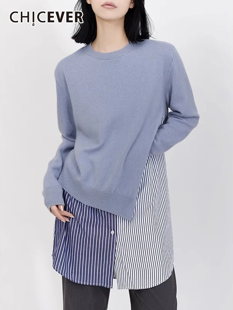 

CHICEVER Irregular Patchwork Knitting T Shirts For Women Round Neck Long Sleeve Long Sleeve Striped Colorblock T Shirt Female