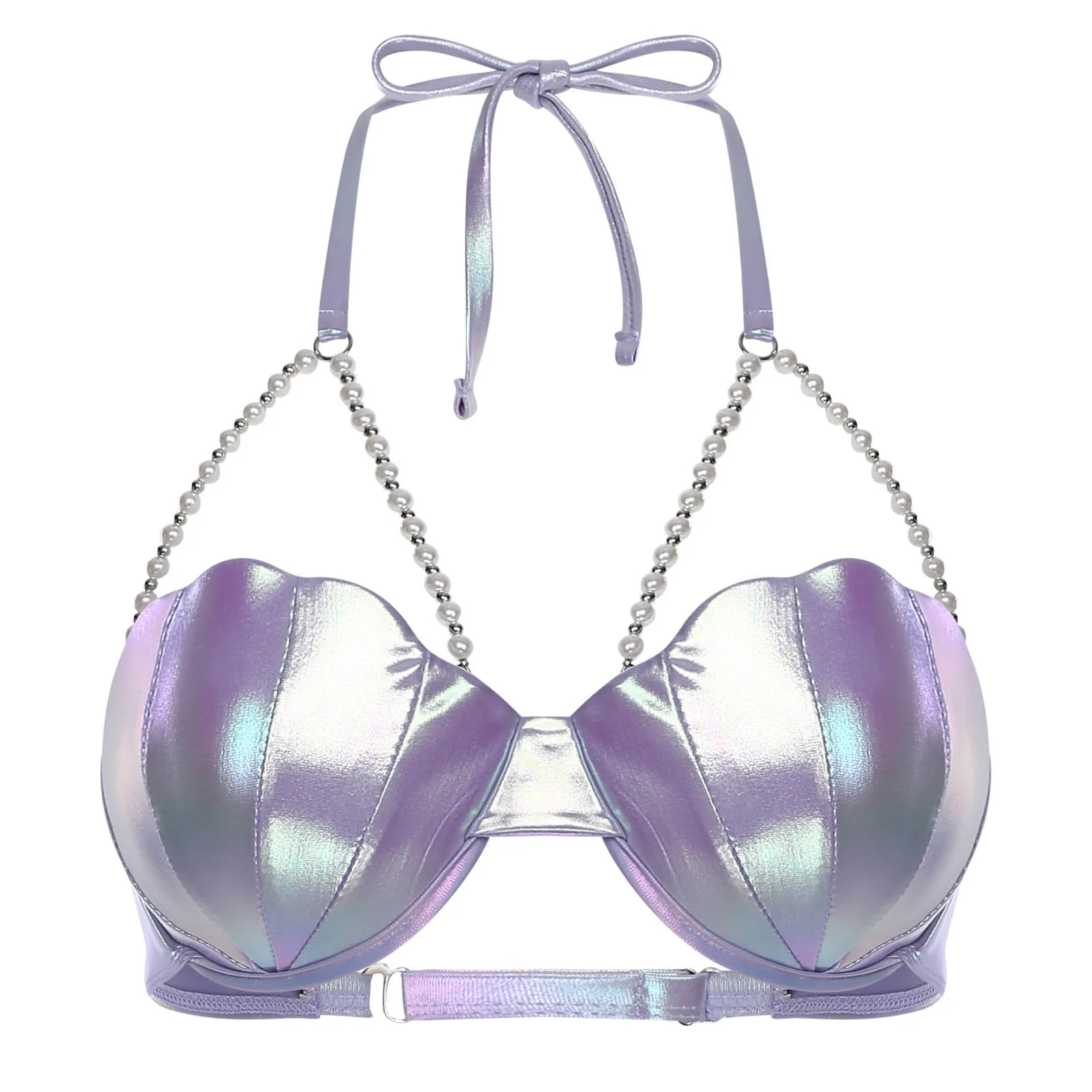 Damen-Bikini-Badebekleidung, BH-Oberteil, Neckholder, Perlenketten, Glitzer, schaumstoffförmig, leicht gepolsterter BH, Meerjungfrauen-Badeoberteil, Badeanzug – Detail 14