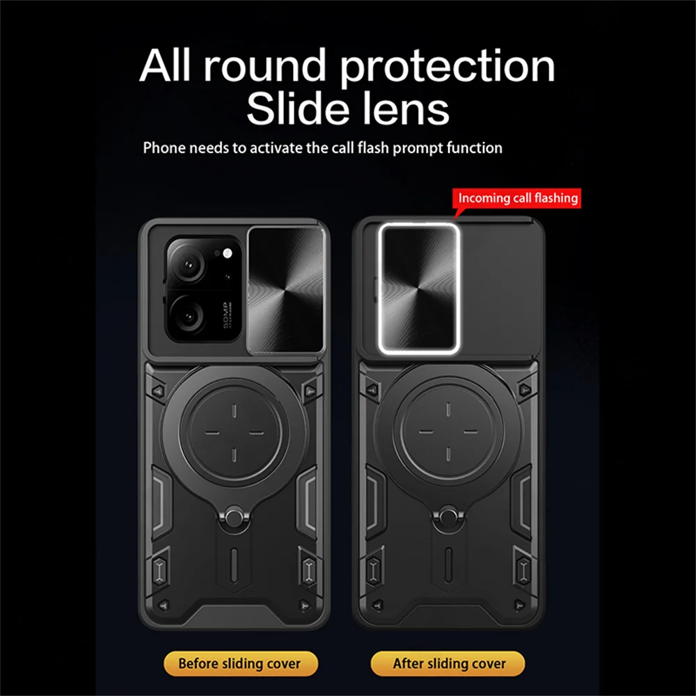 Fall Für Xiaomi 13T 12T 11T Redmi Hinweis 13 12 11S Poco F5 X5 Pro Magnetische rotat Cama Slide Protector Ring 360 Stand_voghion.com