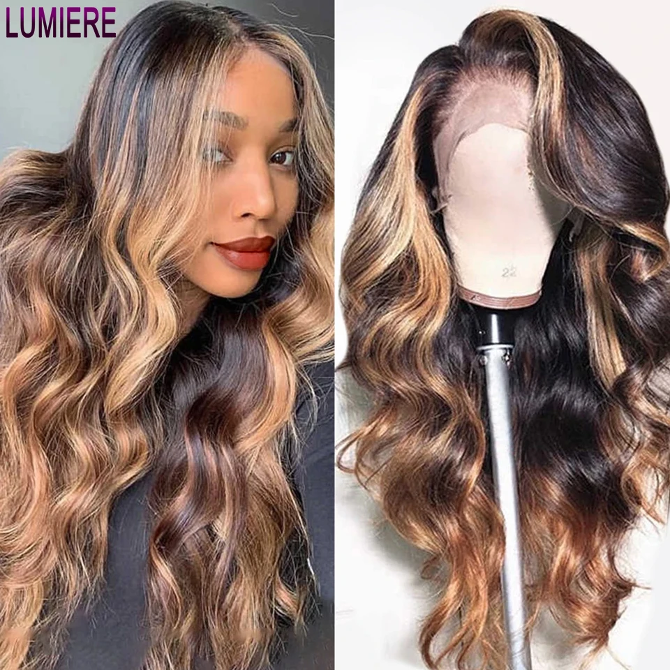 

Lumiere Highlight 13x4 Lace Frontal Wigs Human Hair Body Wave P4/27 Ombre Colored Lace Front Wig For Women 30 Inch Pre Plucked