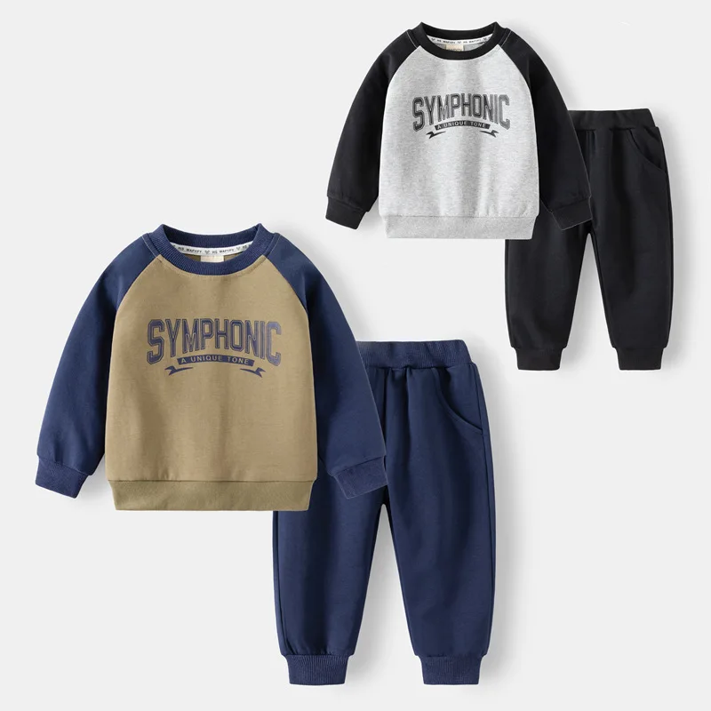 

2024 Spring Autumn Children Boy 2PCS Clothes Set Cotton Letter Printed Sweatshirt Solid Elastic Waist Jogger Pant Kid Boy Outfit