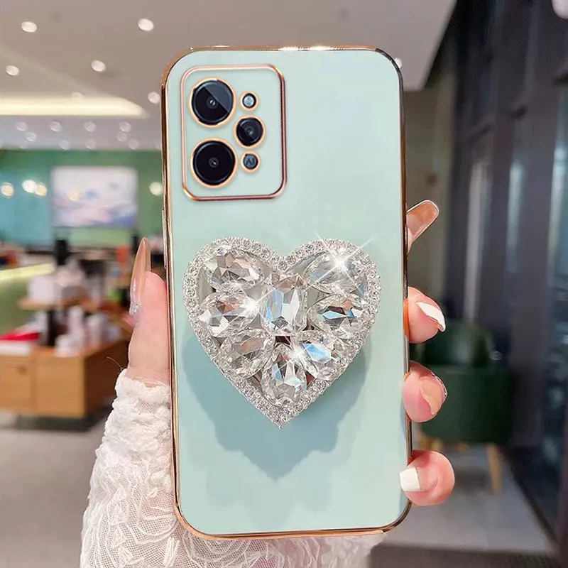 

Luxury Heart Glitter Diamond Bracket Phone Case For OPPO RealmeC31 Stand Holder Cover Case Realme C31 C25 C11 C21 10 5 pro C25S
