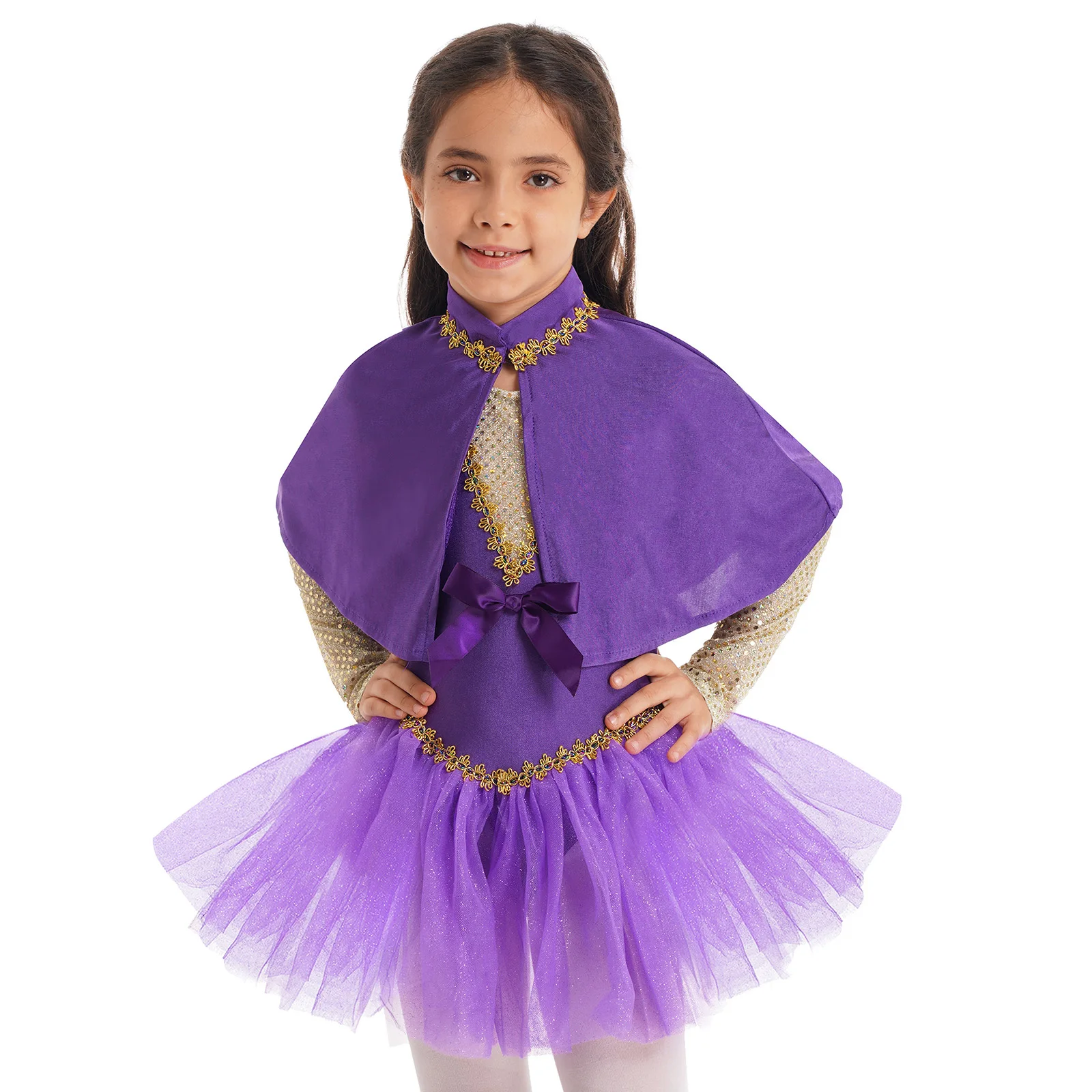 

Kids Girls Halloween Circus Showman Cosplay Costume Carnival Theme Party Sequin Glitter Mesh Dance Tutu Leotard Dress with Cape