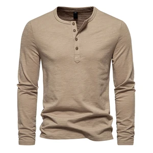 Spring Men's Henley Collar Long Sleeved T-shirts Men Casual Solid Color Top Tees Single Breasted T Shirt Vintage Soft Bottoming