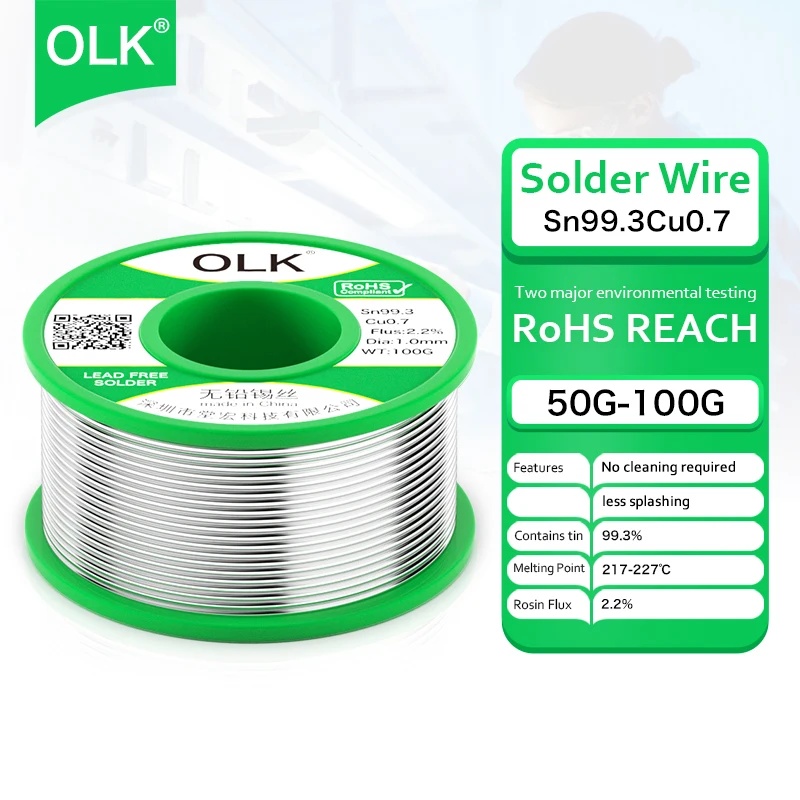 

OLK Unleaded Rosin Flux-Core Solder Wire Sn99 Ag0.3 Cu0.7 - 50g/100g Environmental Protection Roll for Lead-Free Soldering Wire