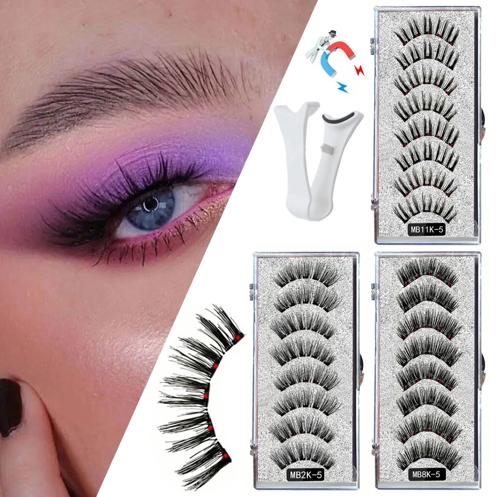 3D Magnetic Eyelashes Kit 5 Magnet Easy To Wear False Natural Black Stem Fake Lashes Reusable Eyelash Supplies